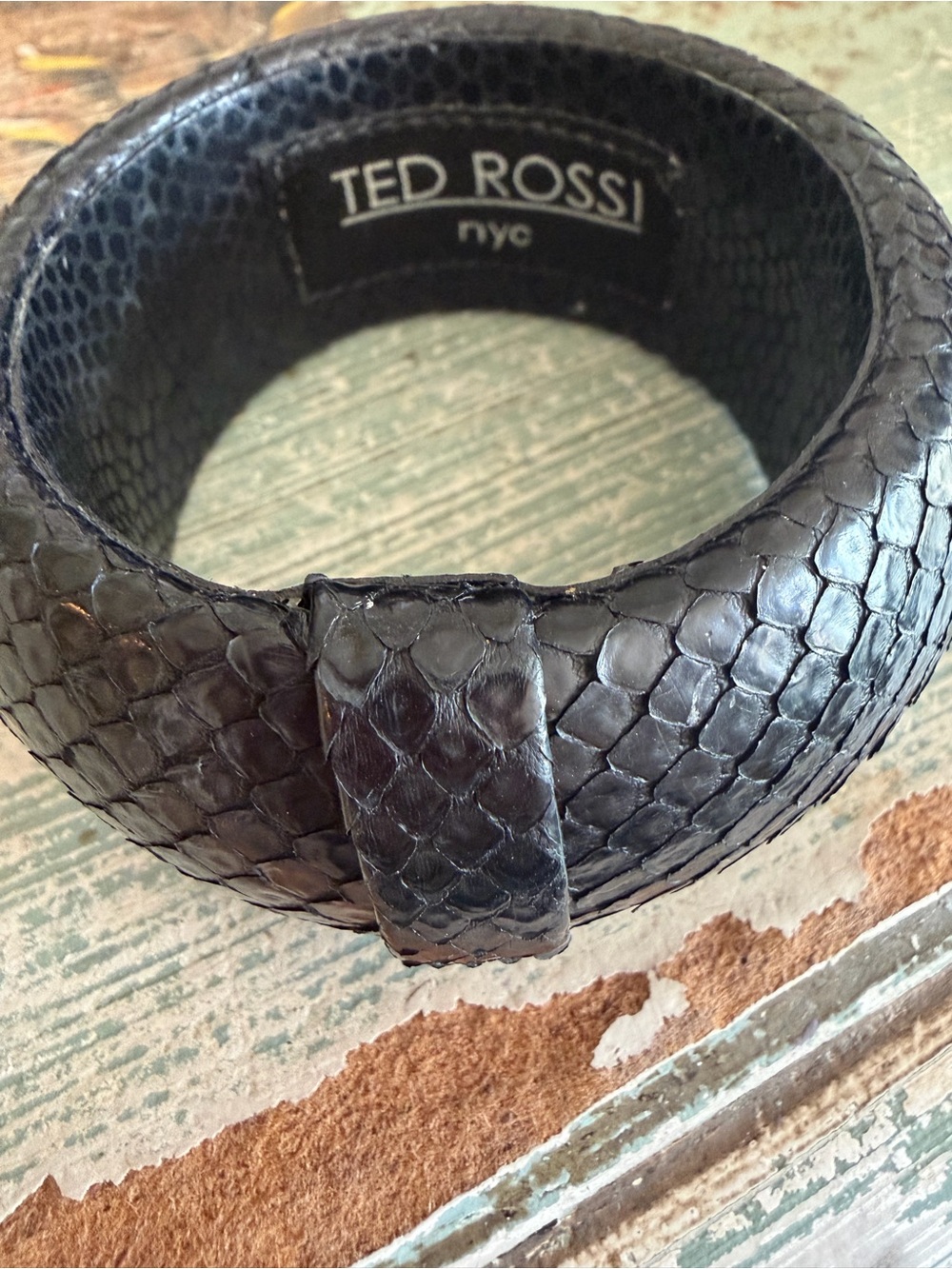 Ted Rossi Black Python-Texture Leather Bracelet Wide Cuff brand new